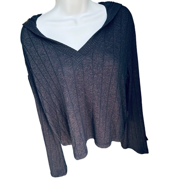 Athleta Harmony Heather Mahogany Brown Black Ribbed Hoodie Sweatshirt Oversized - Picture 11 of 14